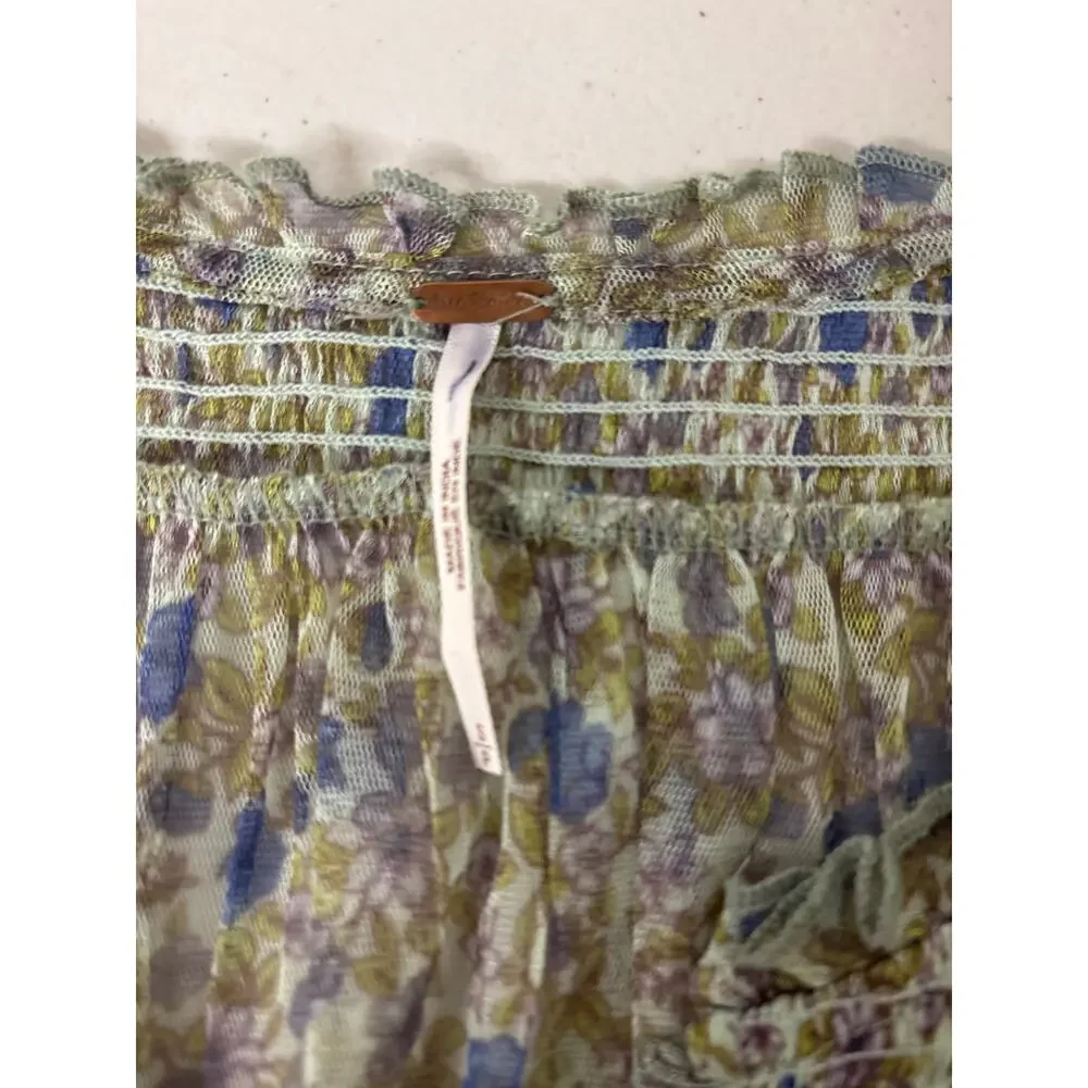 Free People SZ Small Beatrice Floral-Print Smocked Puff Sleeve Peasant Top green